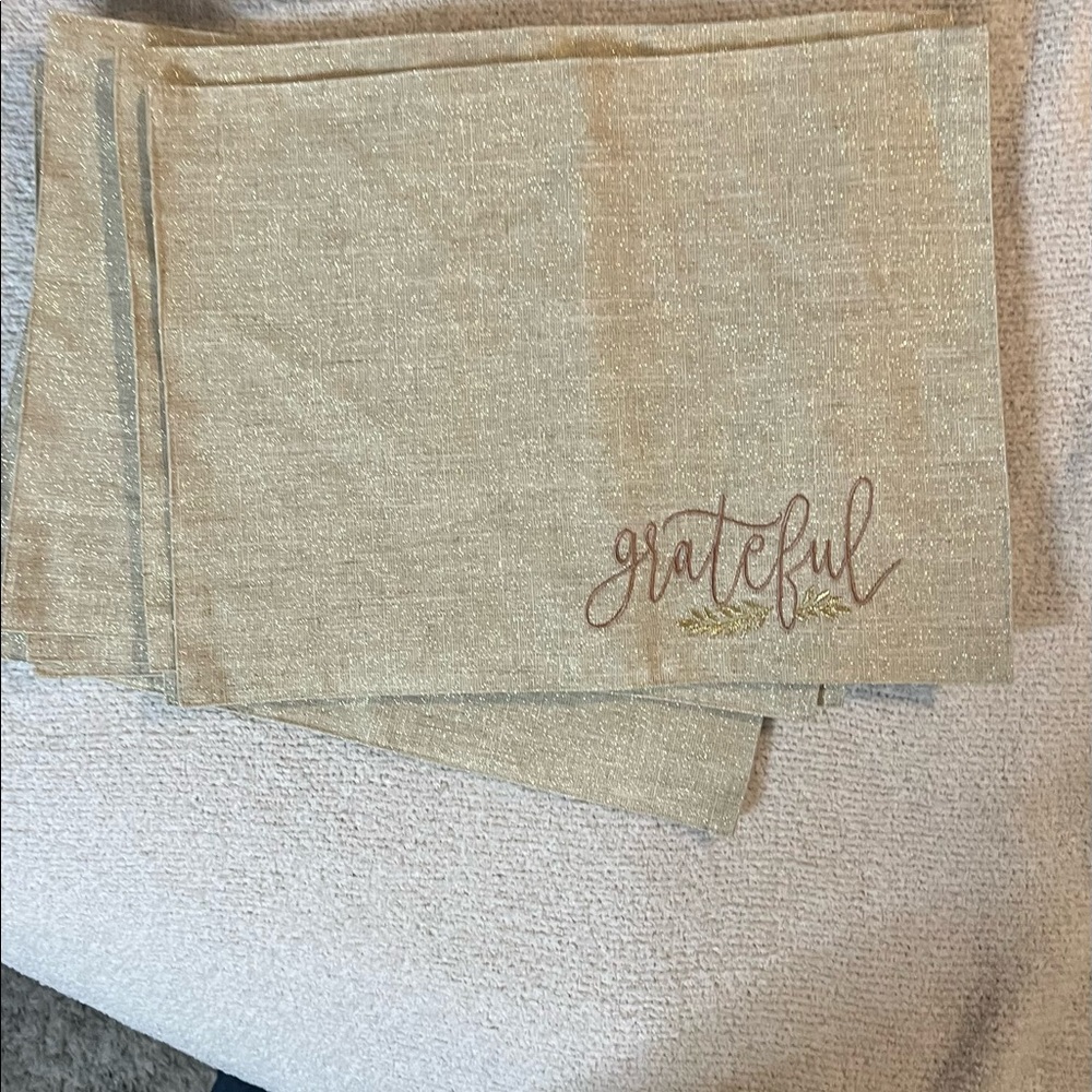 NOT FOR SALE Set 7 placemats beige w/ metallic gold threading, copper lettering